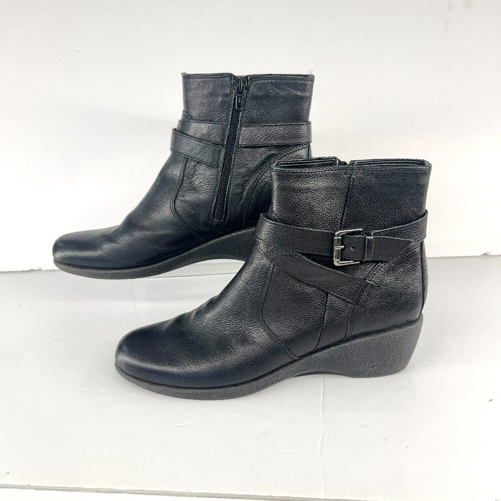 Sz 9‎ The Flexx Black Leather Buckle Zip Up Felt Lined Wedge Ankle Boot Bootie
